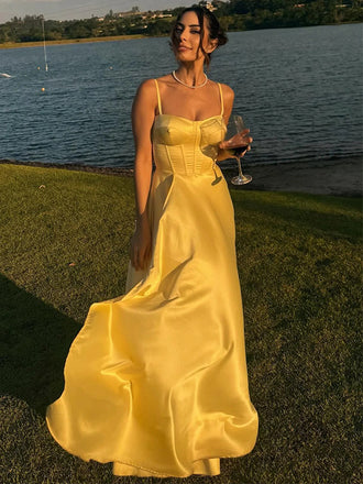 Elegant Yellow Square Neckline Spaghetti Straps Mermaid Long Prom Party Dress,PDS11795