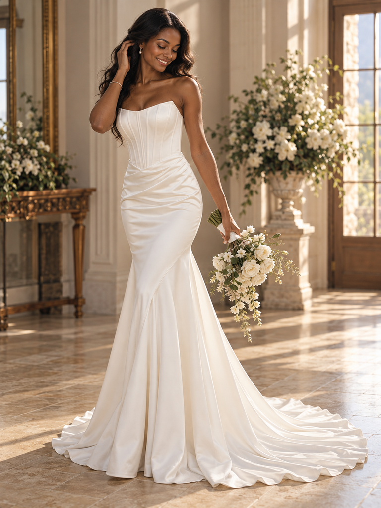 Regal Strapless Corset Draped Satin Long Mermaid Wedding Dress, WD0419
