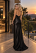 Black Satin Spaghetti Strap Deep V Neck Mermaid Long Evening Dress,PDS118560
