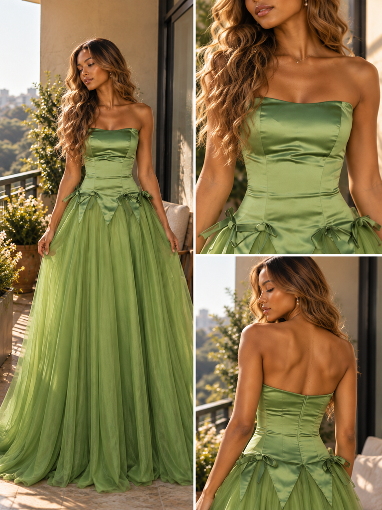 Glam Satin Tulle Strapless Bow A-Line Formal Prom Dress,PDS118660