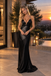 Black Satin Spaghetti Strap Deep V Neck Mermaid Long Evening Dress,PDS118560