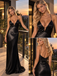 Black Satin Spaghetti Strap Deep V Neck Mermaid Long Evening Dress,PDS118560