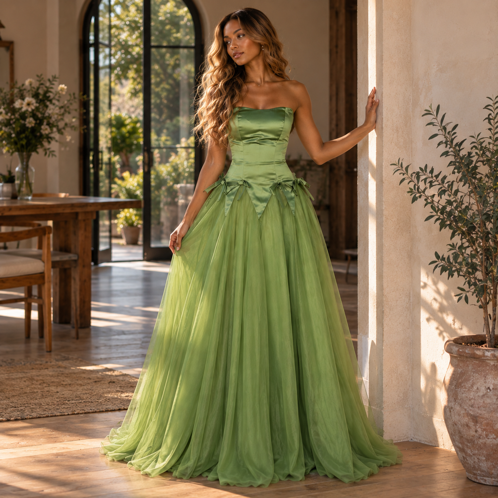 Glam Satin Tulle Strapless Bow A-Line Formal Prom Dress,PDS118660