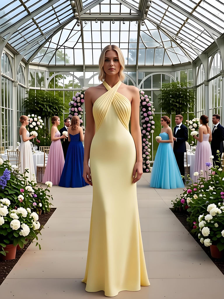 Stunning Halter Ruched Sleeveless Satin Mermaid Long Prom Party Dress,PDS11847