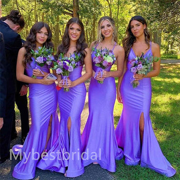 Elegant V-neck Sleeveless Side slit Long Mermaid Bridesmaid Dressess, BDS0310