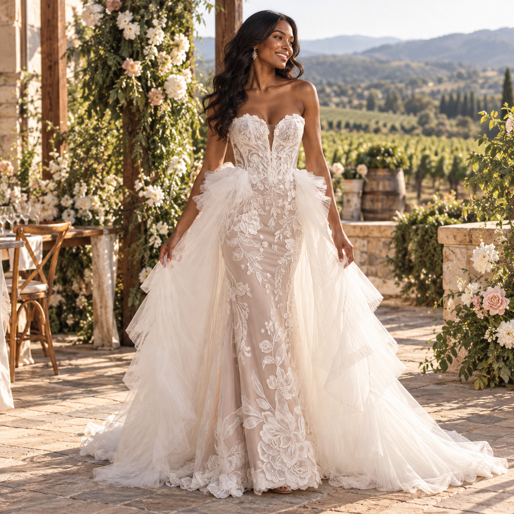 Captivating Sweetheart Lace Appliqued Tulle Overskirt Mermaid Wedding Dress WD0420