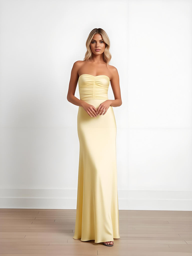Light Yellow Strapless Sleeveless Satin Mermaid Long Prom Party Dress,PDS118478