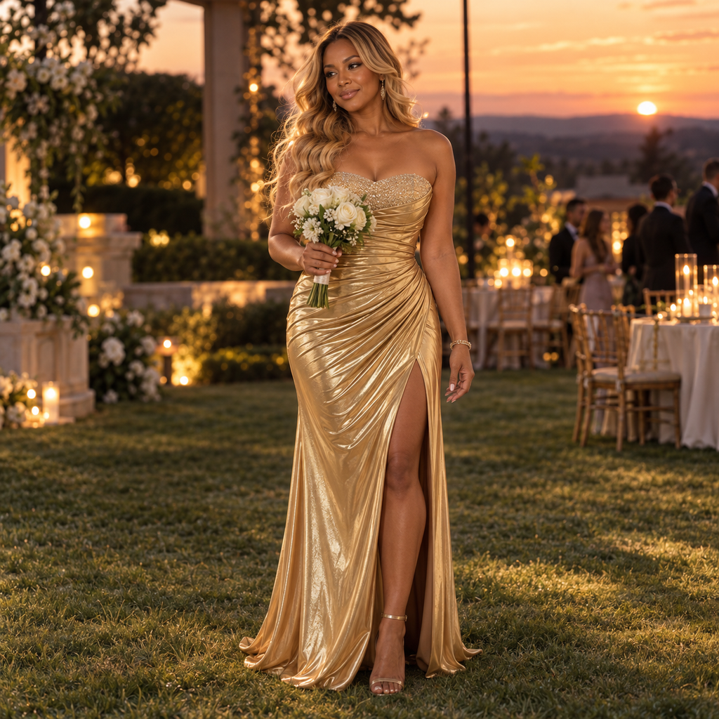 Shiny Metallic Satin Sweetheart Ruched Slit Mermaid Prom Dress,PDS118661