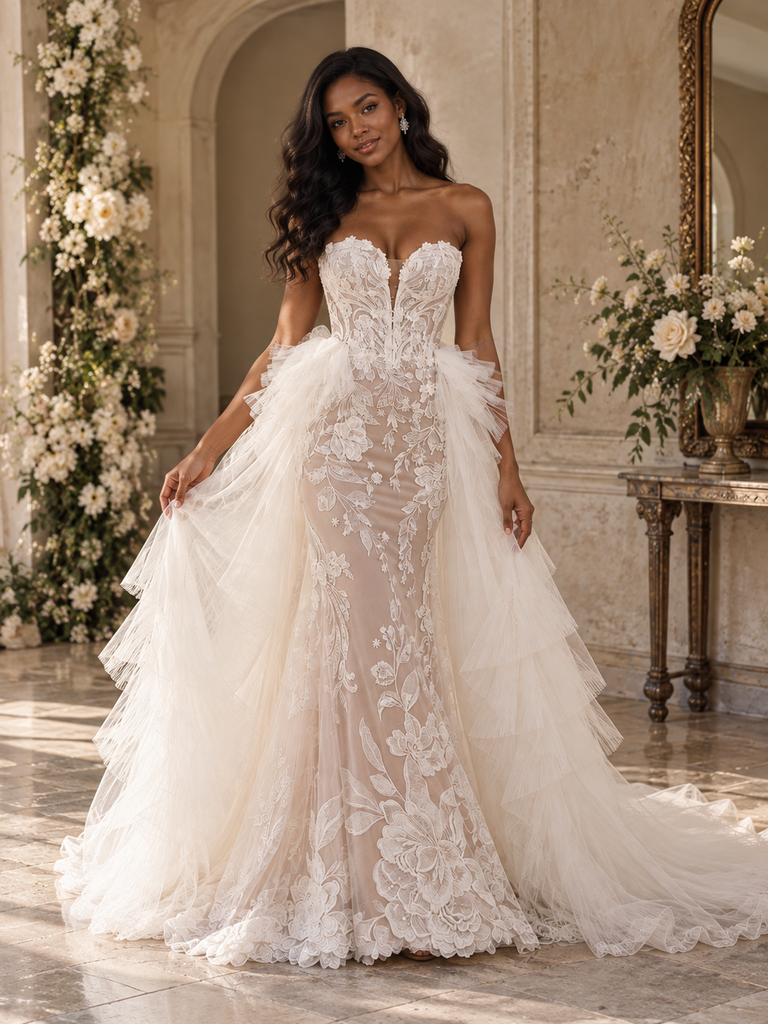 Captivating Sweetheart Lace Appliqued Tulle Overskirt Mermaid Wedding Dress WD0420