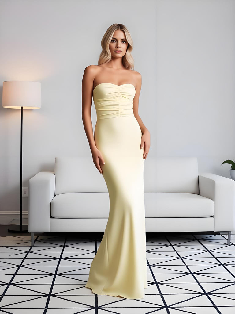 Light Yellow Strapless Sleeveless Satin Mermaid Long Prom Party Dress,PDS118478