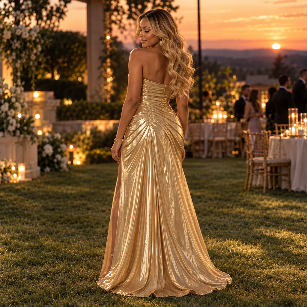 Shiny Metallic Satin Sweetheart Ruched Slit Mermaid Prom Dress,PDS118661
