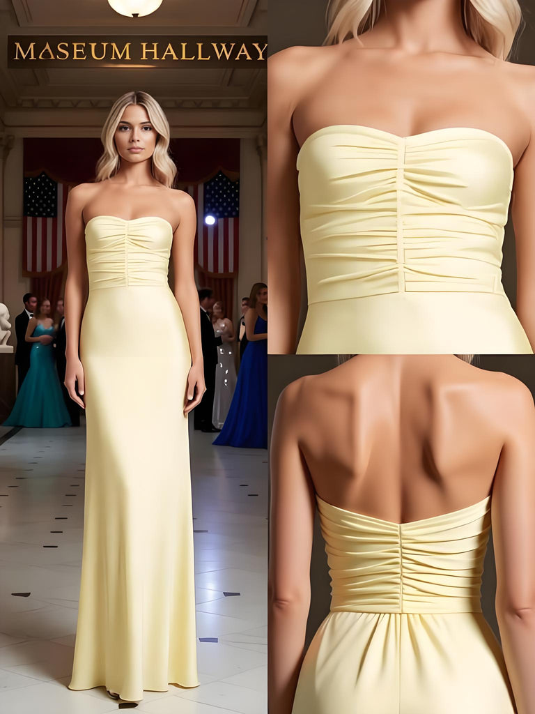 Light Yellow Strapless Sleeveless Satin Mermaid Long Prom Party Dress,PDS118478