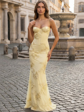 Stunning Floral Applique Tulle Spaghetti Strap Corset Mermaid Prom Dress,PDS118732