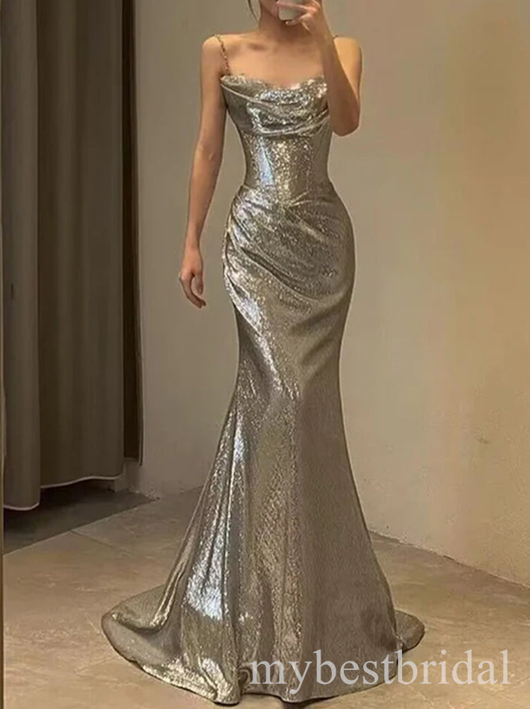 Sparkly Asymmetrical Spaghetti Straps Mermaid Floor Length Prom Dress,PDS11647