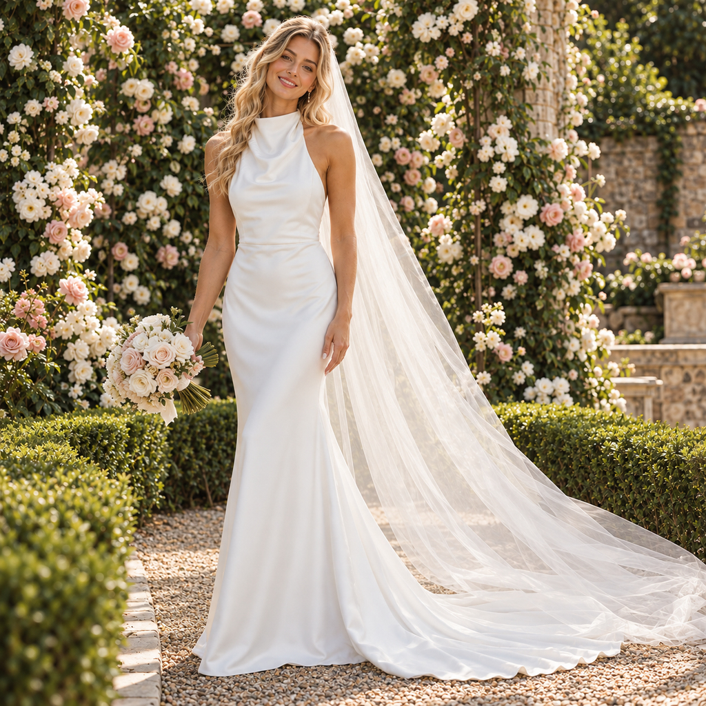 Graceful Halter Cowl Neck Satin Mermaid Floor Length Wedding Dress,WD0421