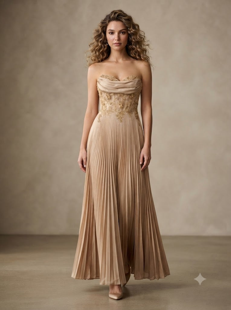 Chic Pleated Chiffon Strapless Lace Corset Long Formal Party Dress,PDS118733
