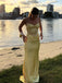 Stylish Yellow V-Neck Sleeveless Lace Appliques Mermaid Long Prom Party Dress,PDS11806