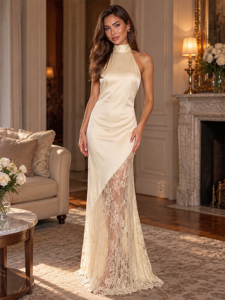 Champagne Satin Halter Neck Lace Asymmetrical Long Bridesmaid Dress,PDS118803