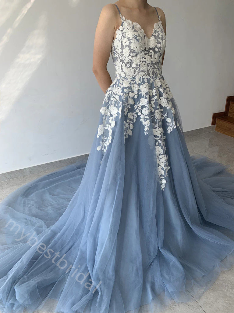 Elegant V-neck Sleeveless Lace Applique A-line Floor Length Prom Dress,PDS11586