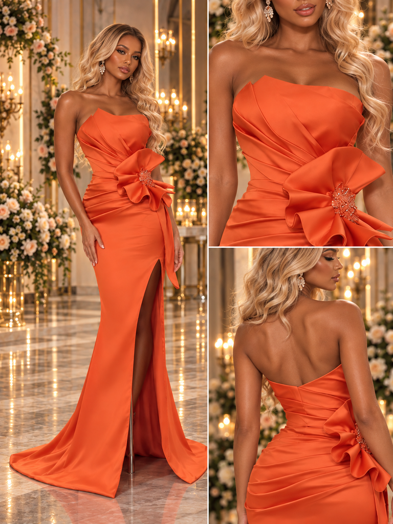 Orange Satin Strapless Mermaid Evening Dress With Large Bow And High Slit,PDS118562