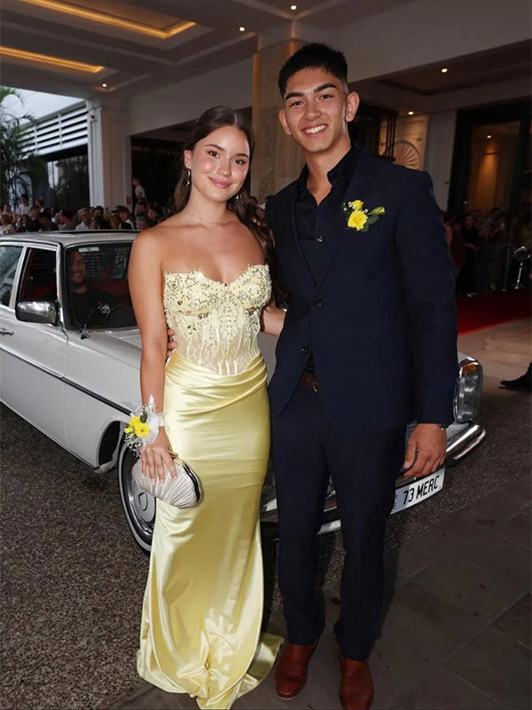 Stylish Yellow V-Neck Sleeveless Lace Appliques Mermaid Long Prom Party Dress,PDS11806