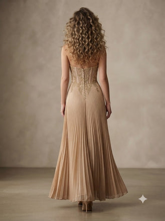 Chic Pleated Chiffon Strapless Lace Corset Long Formal Party Dress,PDS118733