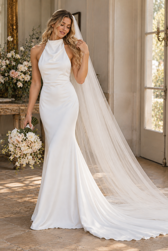 Graceful Halter Cowl Neck Satin Mermaid Floor Length Wedding Dress,WD0421