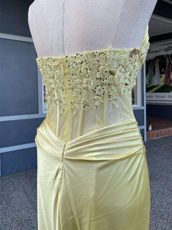 Stylish Yellow V-Neck Sleeveless Lace Appliques Mermaid Long Prom Party Dress,PDS11806
