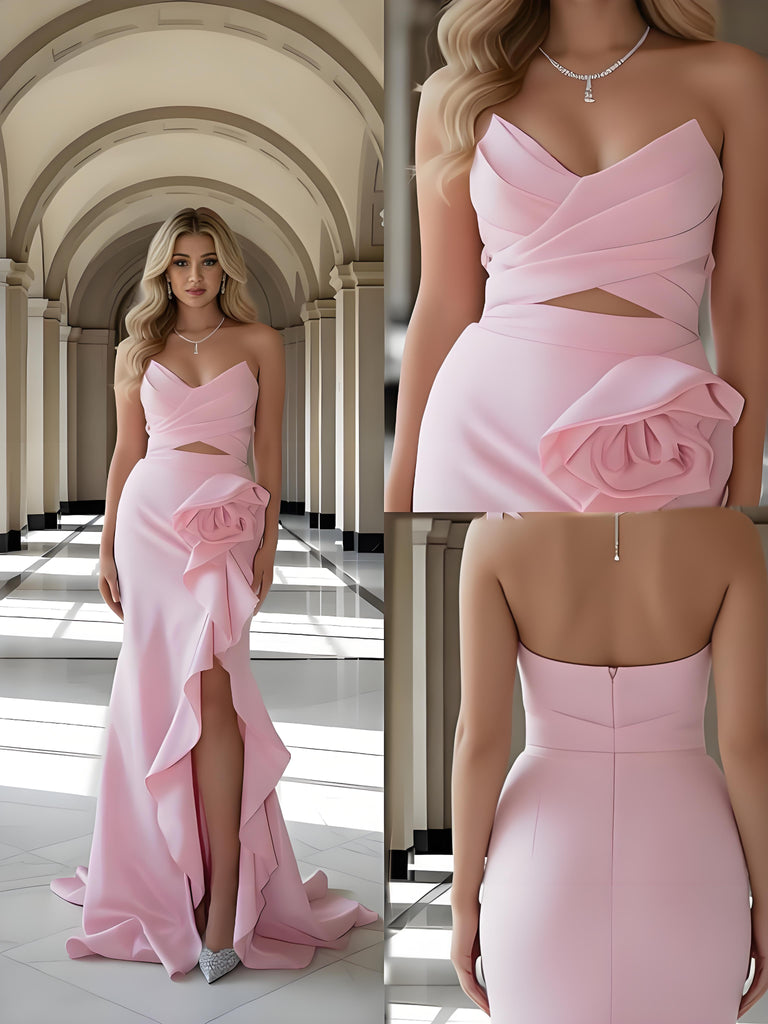 Pretty Pink V-Neck Sleeveless Side Slit Chiffon Mermaid Long Prom Party Dress,PDS118479
