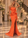 Orange Satin Strapless Mermaid Evening Dress With Large Bow And High Slit,PDS118562