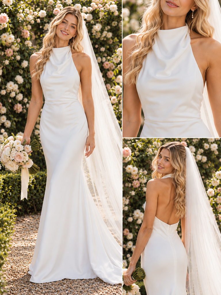 Graceful Halter Cowl Neck Satin Mermaid Floor Length Wedding Dress,WD0421