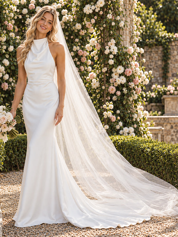 Graceful Halter Cowl Neck Satin Mermaid Floor Length Wedding Dress,WD0421