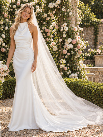 Graceful Halter Cowl Neck Satin Mermaid Floor Length Wedding Dress,WD0421