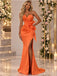 Orange Satin Strapless Mermaid Evening Dress With Large Bow And High Slit,PDS118562