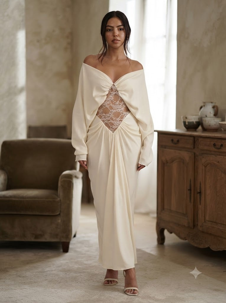 Romantic Off Shoulder Satin Lace Cutout Long Wedding Guest Dress,PDS118734