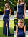 Dark-Navy Ruffles Side Slit Sleeveless Satin Mermaid Long Prom Party Dress,PDS118480