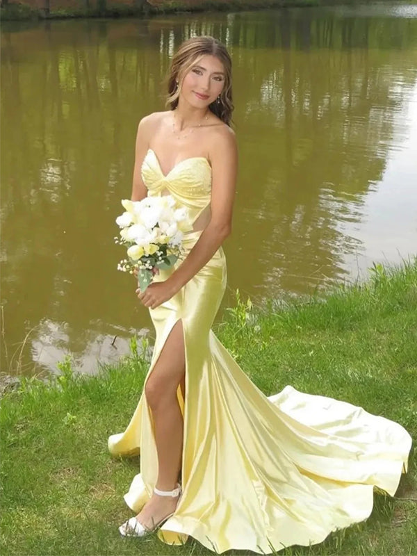 Pretty Yellow V-Neck Sleeveless  Side Slit Satin Mermaid Long Prom Party Dress,PDS11807
