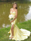 Pretty Yellow V-Neck Sleeveless  Side Slit Satin Mermaid Long Prom Party Dress,PDS11807