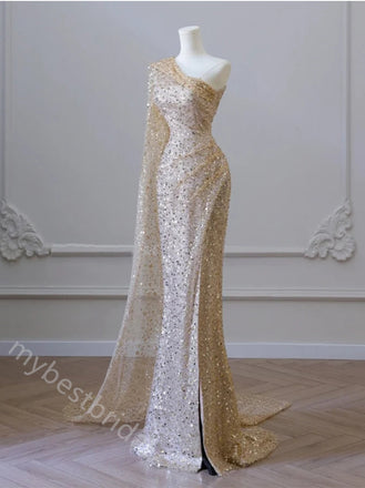 Sexy One Shoulder Sleeveless Side Slit Mermaid Floor Length Prom Dress,PDS11591