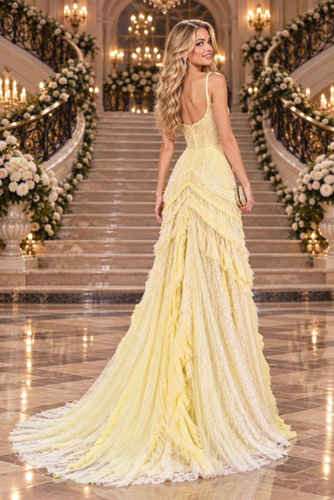 Pale Yellow Lace Tulle Spaghetti Strap Tiered Ruffle A Line Prom Dress With Train,PDS118567