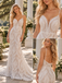 Artisanal Spaghetti Strap V-Neck Geometric Lace Sheath Wedding Dress,WD0422