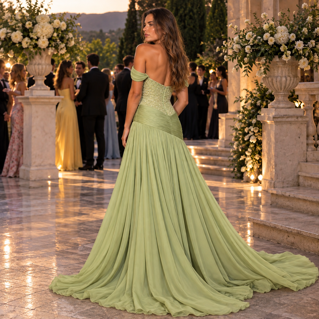 Sparkly Beaded Chiffon Off Shoulder Flowy A-Line Evening Dress,PDS118663