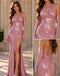 Dusty Pink Halter Glitter Deep V Mermaid Side Slit Long Evening Dress,PDS118804