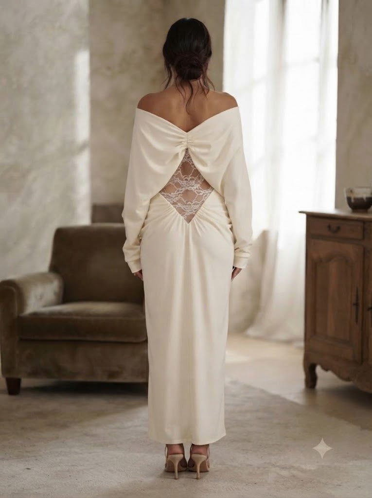 Romantic Off Shoulder Satin Lace Cutout Long Wedding Guest Dress,PDS118734
