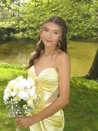 Pretty Yellow V-Neck Sleeveless  Side Slit Satin Mermaid Long Prom Party Dress,PDS11807