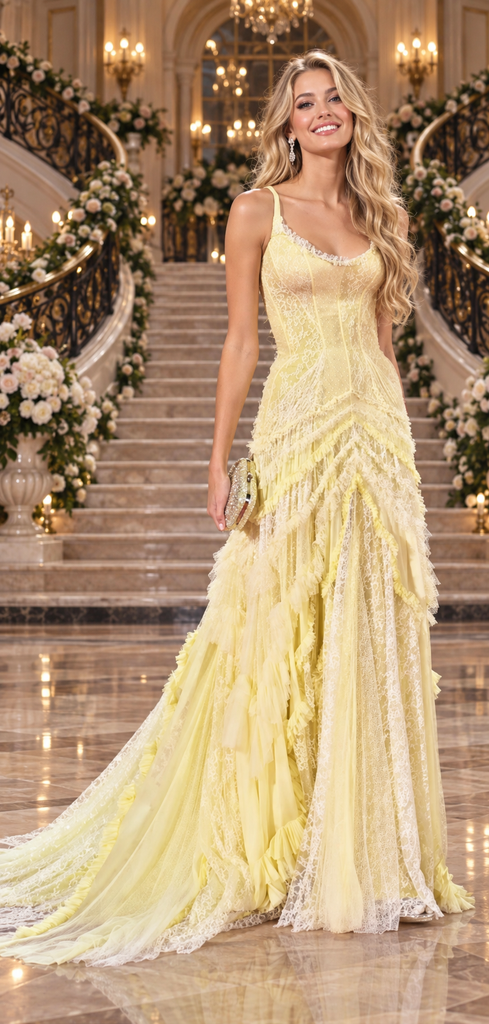 Pale Yellow Lace Tulle Spaghetti Strap Tiered Ruffle A Line Prom Dress With Train,PDS118567