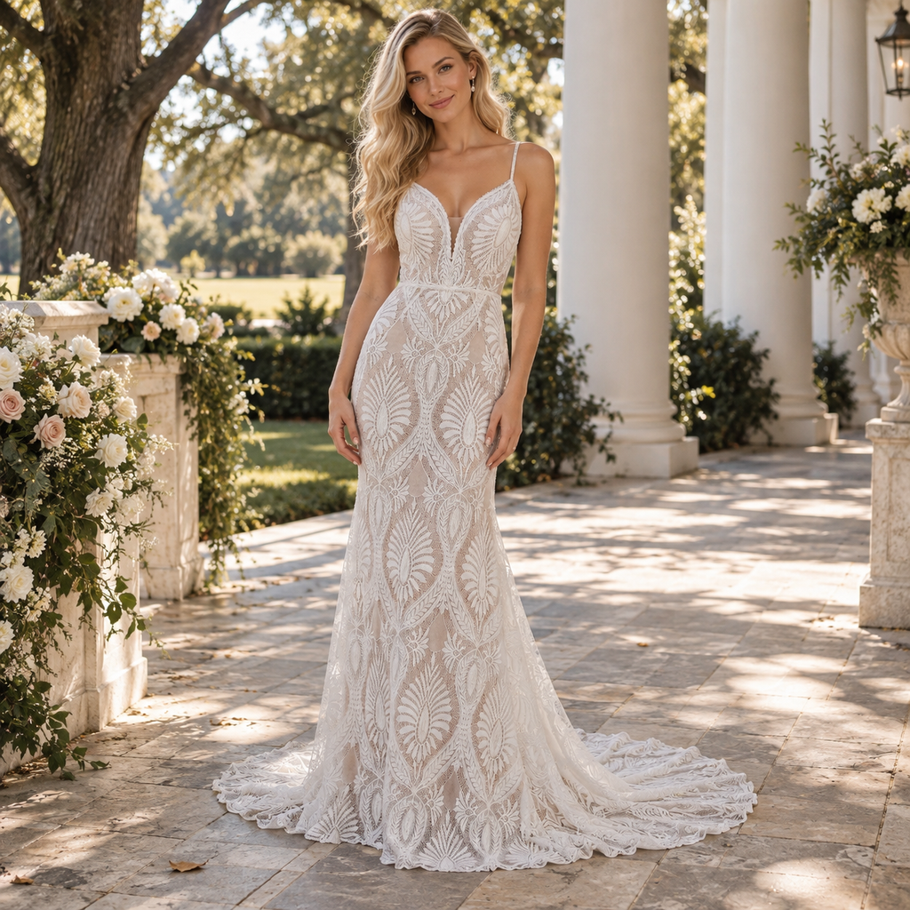 Artisanal Spaghetti Strap V-Neck Geometric Lace Sheath Wedding Dress,WD0422