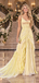 Pale Yellow Lace Tulle Spaghetti Strap Tiered Ruffle A Line Prom Dress With Train,PDS118567