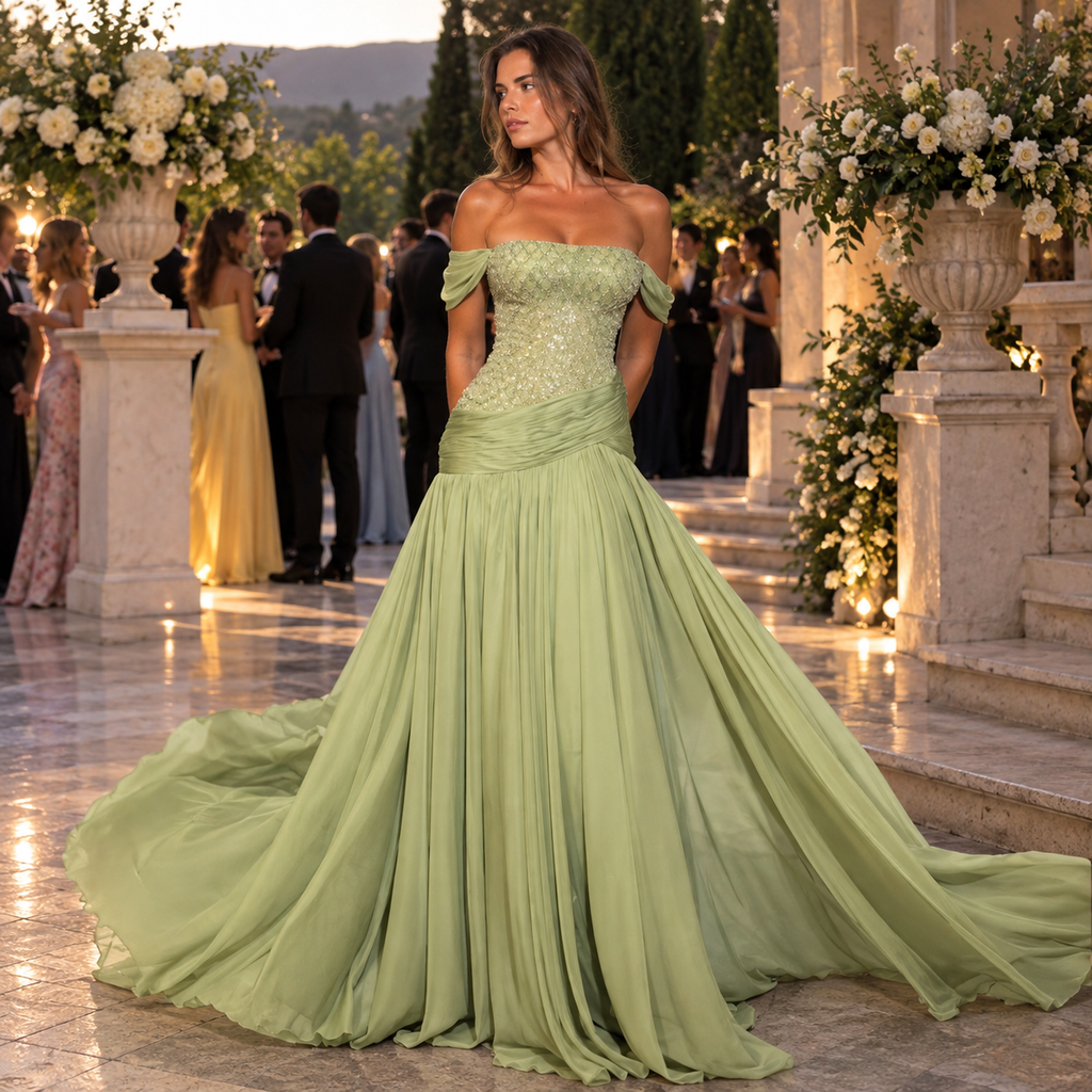 Sparkly Beaded Chiffon Off Shoulder Flowy A-Line Evening Dress,PDS118663