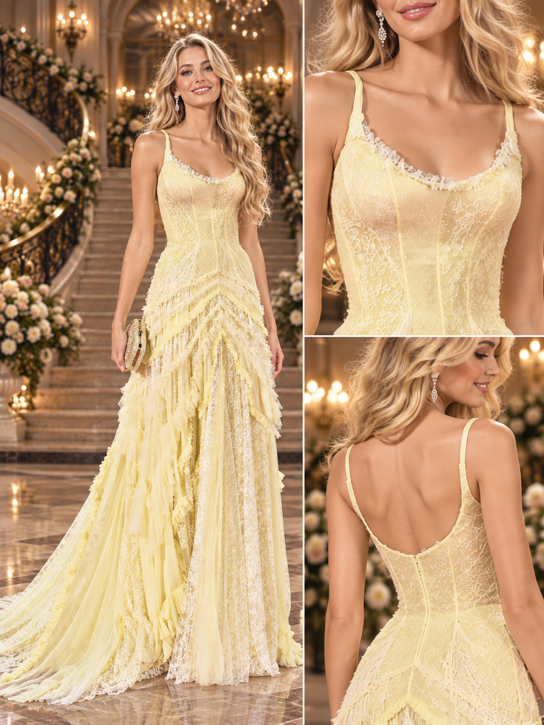 Pale Yellow Lace Tulle Spaghetti Strap Tiered Ruffle A Line Prom Dress With Train,PDS118567